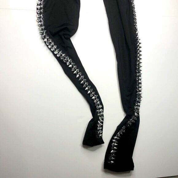 Silver Studded Black Leggings S/M Goth Clubwear Grunge Burlesque - Picture 8 of 11